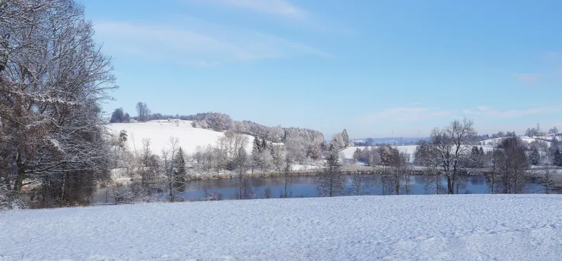 Ansicht vom verschneiten Bachtelweiher