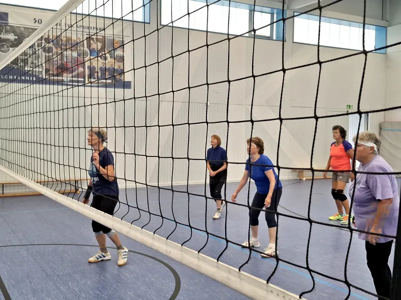 Eine Gruppe älterer Damen beim Volleyball in Spielstellung.