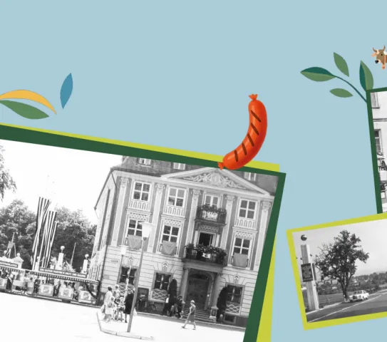 Collage mit historischen Bildern der Festwoche und bunten Zeichnungen von Essen vor einem hellblauen Hintergrund.