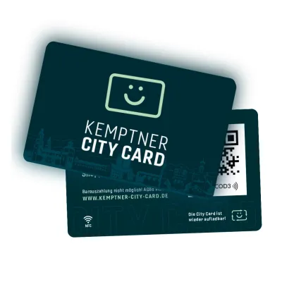 Karte der zukünftigen "Kemptner City Card" in dunkelgrün und weiß.