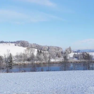 Ansicht vom verschneiten Bachtelweiher