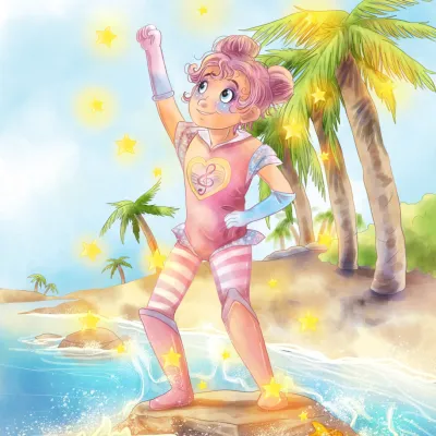 Kindgerechte Illustration vom Alien Tumi Jazzumi in hellen, fröhlichen Farben.