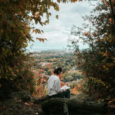 Lesende Frau sitzt auf einem Stamm im herbstlichen Wald mit Ausblick.